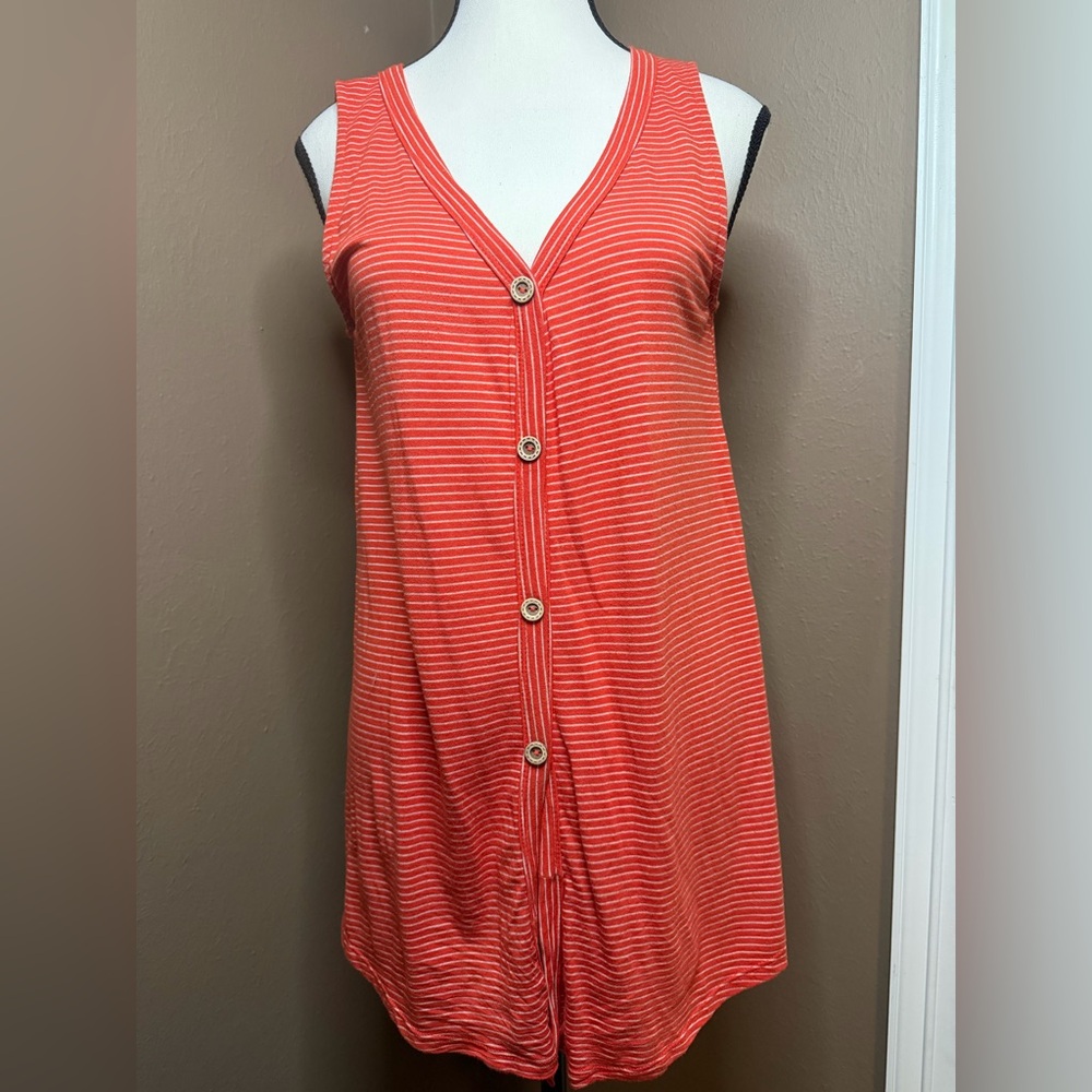 Fantastic Fawn Orange Striped Sleeveless Button Down Tunic Top Size Small